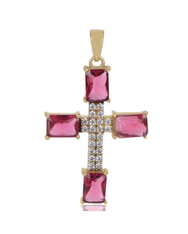 Red Gemstone and White Cubic Zirconia Yellow Gold Plated Fashionable Cross Pendant| Jewels Artisan