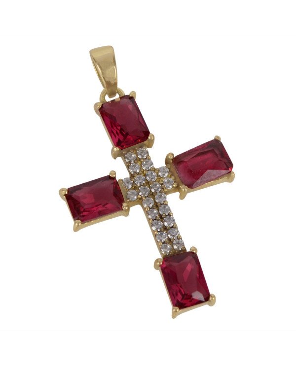 Red Gemstone and White Cubic Zirconia Yellow Gold Plated Fashionable Cross Pendant| Jewels Artisan