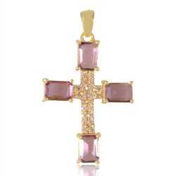 Purple Gemstone and White Cubic Zirconia Yellow Gold Plated Fashionable Cross Pendant| Jewels Artisan