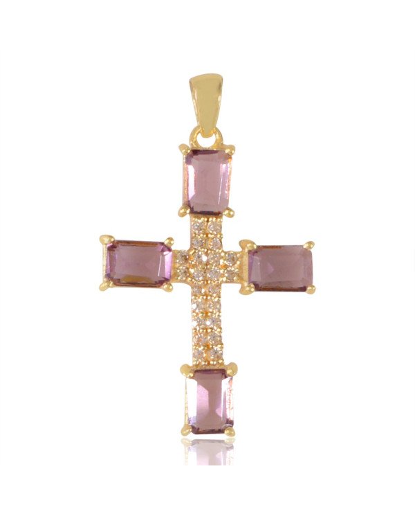 Purple Gemstone and White Cubic Zirconia Yellow Gold Plated Fashionable Cross Pendant| Jewels Artisan