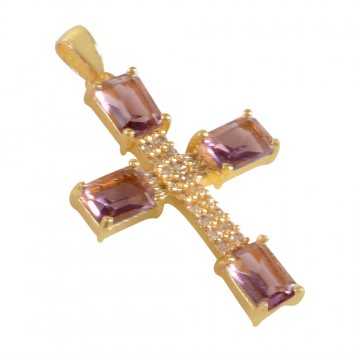 Purple Gemstone and White Cubic Zirconia Yellow Gold Plated Fashionable Cross Pendant| Jewels Artisan