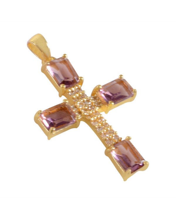 Purple Gemstone and White Cubic Zirconia Yellow Gold Plated Fashionable Cross Pendant| Jewels Artisan