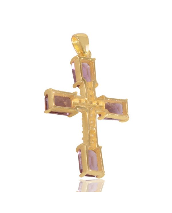 Purple Gemstone and White Cubic Zirconia Yellow Gold Plated Fashionable Cross Pendant| Jewels Artisan