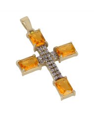 Orange Gemstone and White Cubic Zirconia Yellow Gold Plated Fashionable Cross Pendant| Jewels Artisan