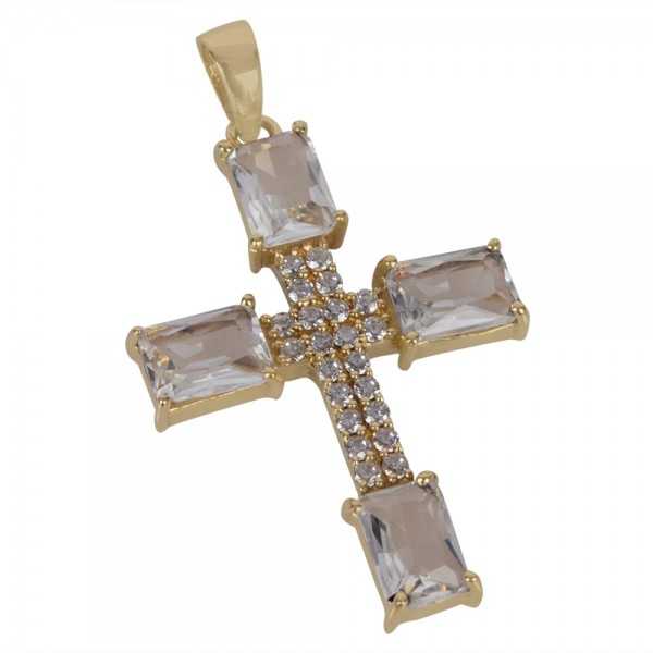 White Gemstone and White Cubic Zirconia Yellow Gold Plated Fashionable Cross Pendant| Jewels Artisan