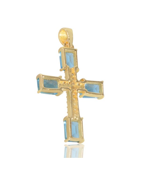 Sky Blue Gemstone and White Cubic Zirconia Yellow Gold Plated Fashionable Cross Pendant| Jewels Artisan