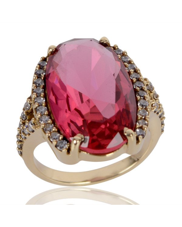 Pink Gemstone White Cubic Zirconia Yellow Gold Plated Brass Ring