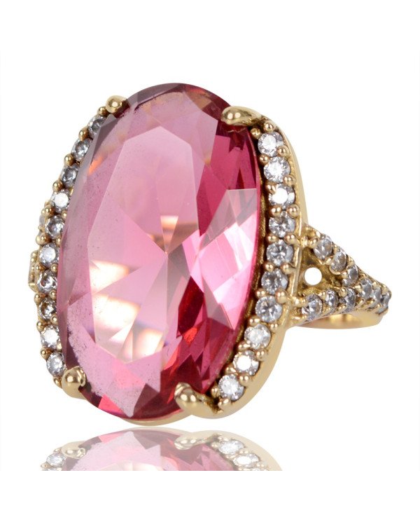 Pink Gemstone White Cubic Zirconia Yellow Gold Plated Brass Ring