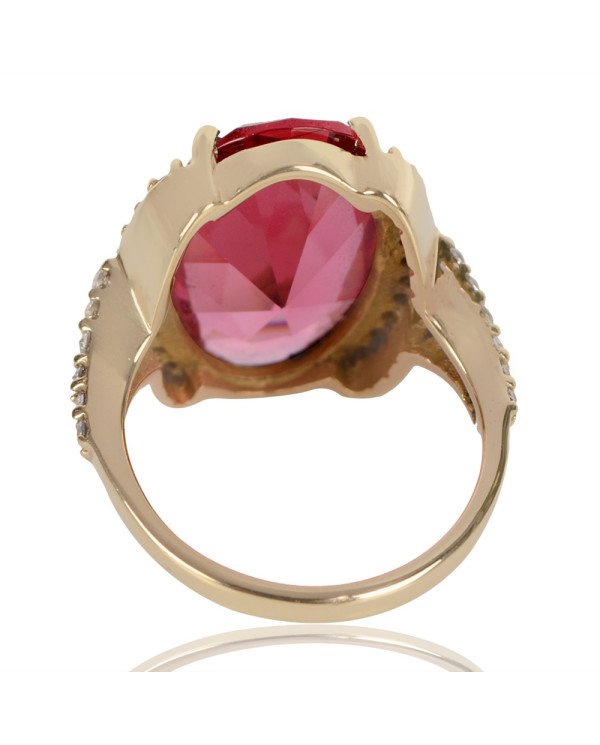 Pink Gemstone White Cubic Zirconia Yellow Gold Plated Brass Ring