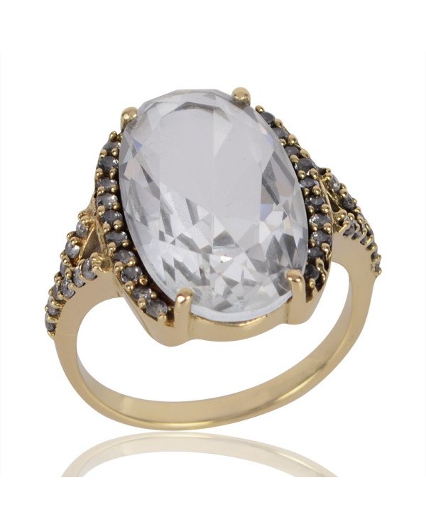 White Clear Gemstone White Cubic Zirconia Yellow Gold Plated Ring.