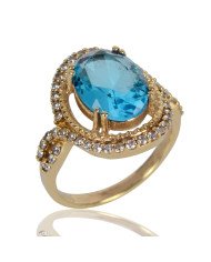Sky Blue Topaz Gemstone and White Cubic Zirconia Yellow Gold Plated Designer Ring