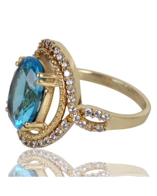 Sky Blue Topaz Gemstone and White Cubic Zirconia Yellow Gold Plated Designer Ring
