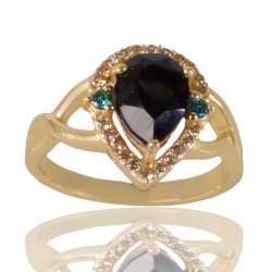 Sky Blue Gemstone Black Gemstone and White Cubic Zirconia Gold Plated Ring