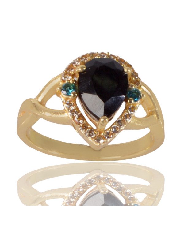 Sky Blue Gemstone Black Gemstone and White Cubic Zirconia Gold Plated Ring