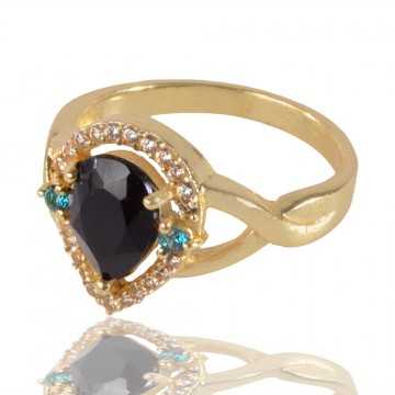 Sky Blue Gemstone Black Gemstone and White Cubic Zirconia Gold Plated Ring