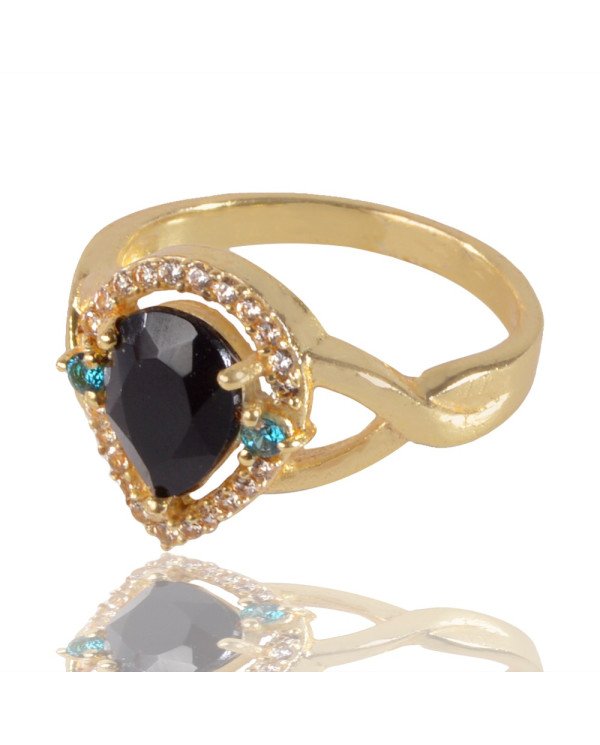 Sky Blue Gemstone Black Gemstone and White Cubic Zirconia Gold Plated Ring