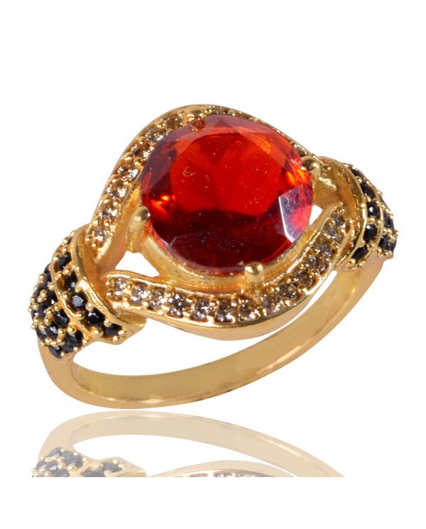Red Black Spinal Gemstone and White Cubic Zirconia Yellow Gold Plated Fashionable Ring