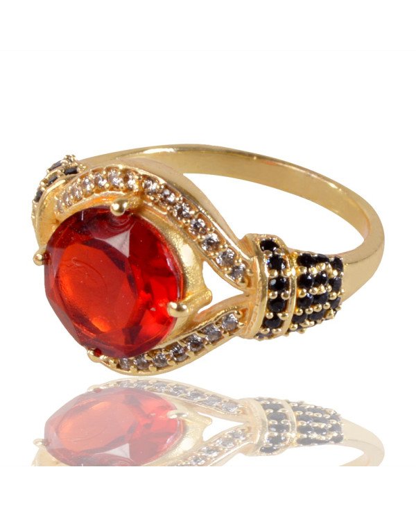 Red Black Spinal Gemstone and White Cubic Zirconia Yellow Gold Plated Fashionable Ring