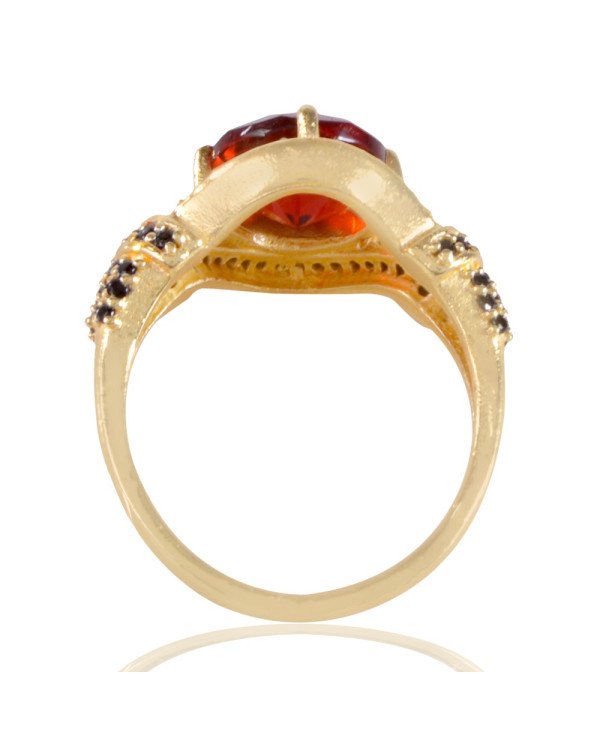 Red Black Spinal Gemstone and White Cubic Zirconia Yellow Gold Plated Fashionable Ring