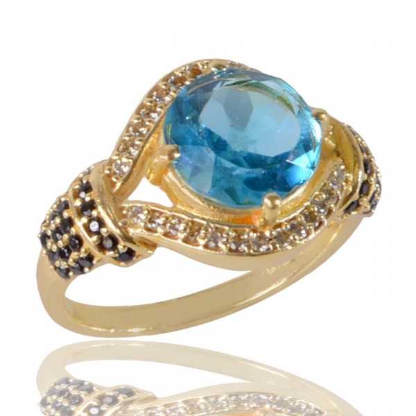 Sky Blue Black Spinal Gemstone and White Cubic Zirconia Yellow Gold Plated Ring
