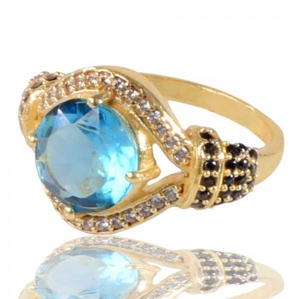 Sky Blue Black Spinal Gemstone and White Cubic Zirconia Yellow Gold Plated Ring