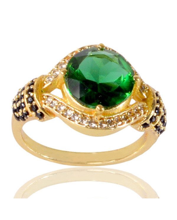 Light Green Black Spinal Gemstone and White Cubic Zirconia Yellow Gold Plated Ring