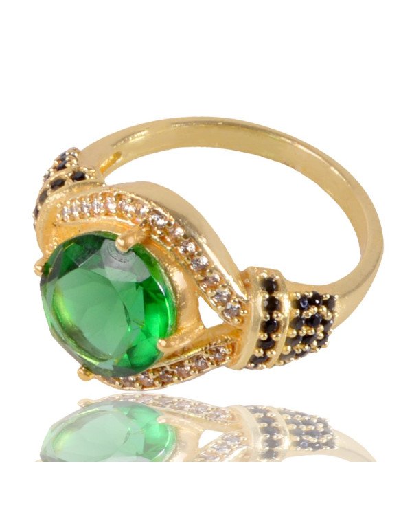 Light Green Black Spinal Gemstone and White Cubic Zirconia Yellow Gold Plated Ring