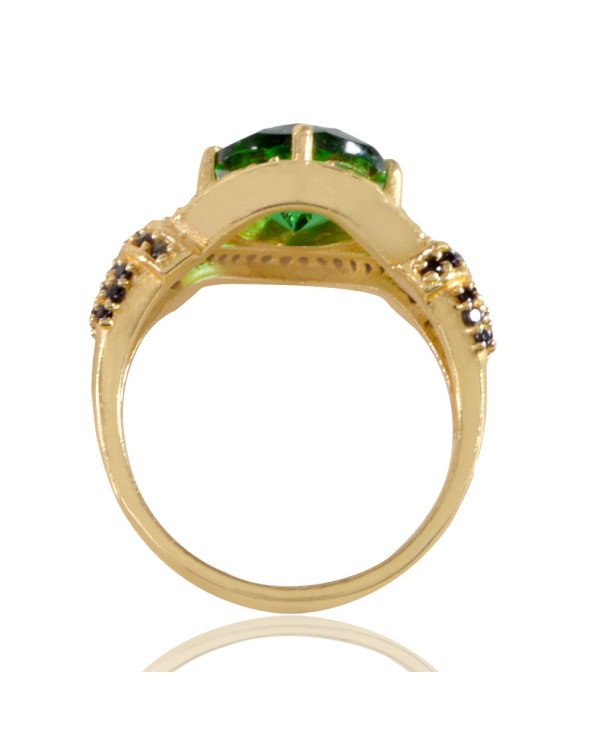 Light Green Black Spinal Gemstone and White Cubic Zirconia Yellow Gold Plated Ring