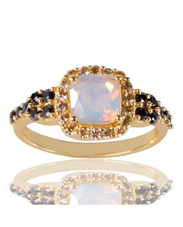 White Opal Black Spinal Gemstone and White Cubic Zirconia Yellow Gold Plated Ring