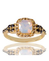 White Opal Black Spinal Gemstone and White Cubic Zirconia Yellow Gold Plated Ring