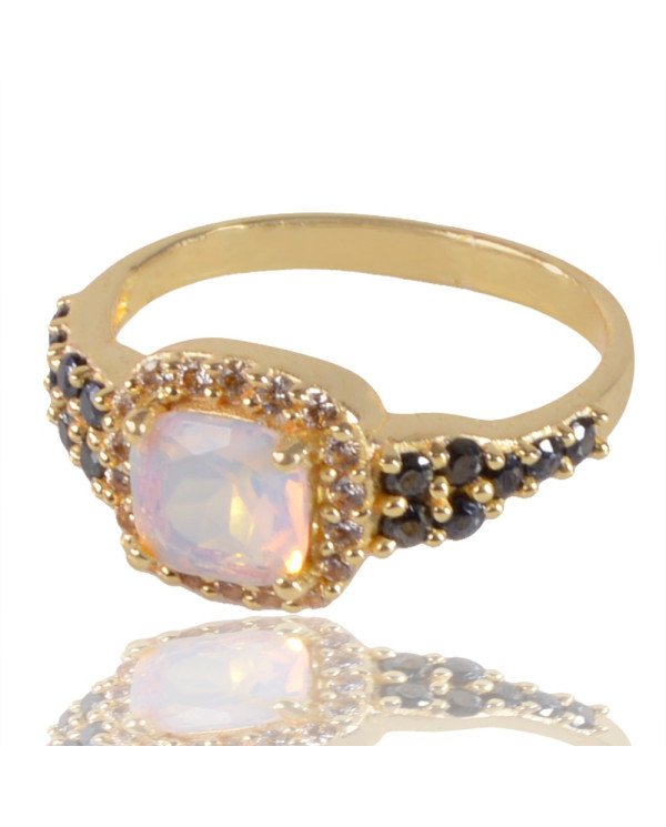 White Opal Black Spinal Gemstone and White Cubic Zirconia Yellow Gold Plated Ring