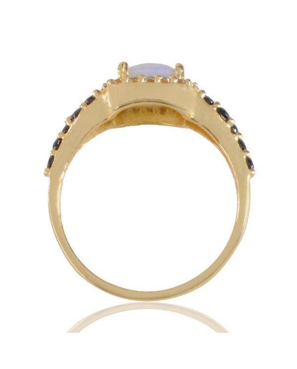 White Opal Black Spinal Gemstone and White Cubic Zirconia Yellow Gold Plated Ring