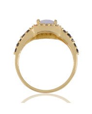 White Opal Black Spinal Gemstone and White Cubic Zirconia Yellow Gold Plated Ring