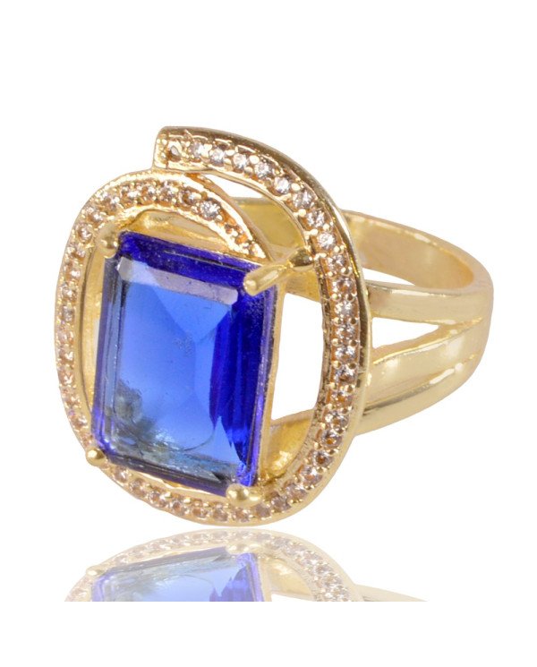 Tanzanite Gemstone and White Cubic Zirconia Yellow Gold Plated Designer Ring