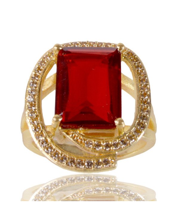 Red Gemstone and White Cubic Zirconia Yellow Gold Plated Designer Ring