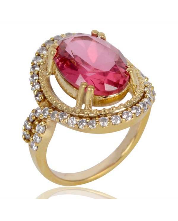 Pink Gemstone and White Cubic Zirconia Yellow Gold Plated Designer Ring