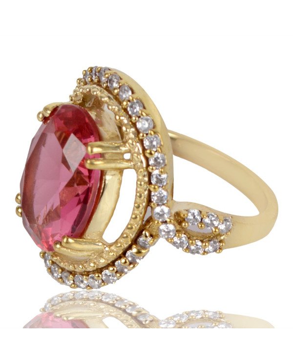 Pink Gemstone and White Cubic Zirconia Yellow Gold Plated Designer Ring