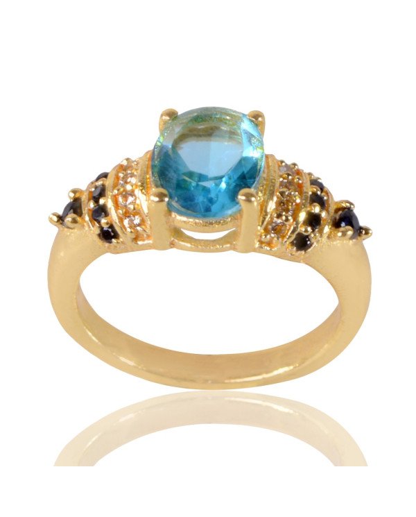 Sky Blue Gemstone Black Spinal Stone and White Cubic Zirconia Ring