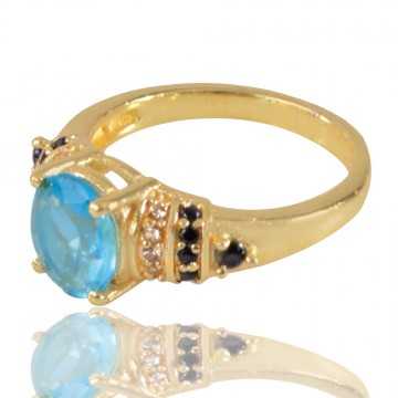 Sky Blue Gemstone Black Spinal Stone and White Cubic Zirconia Ring