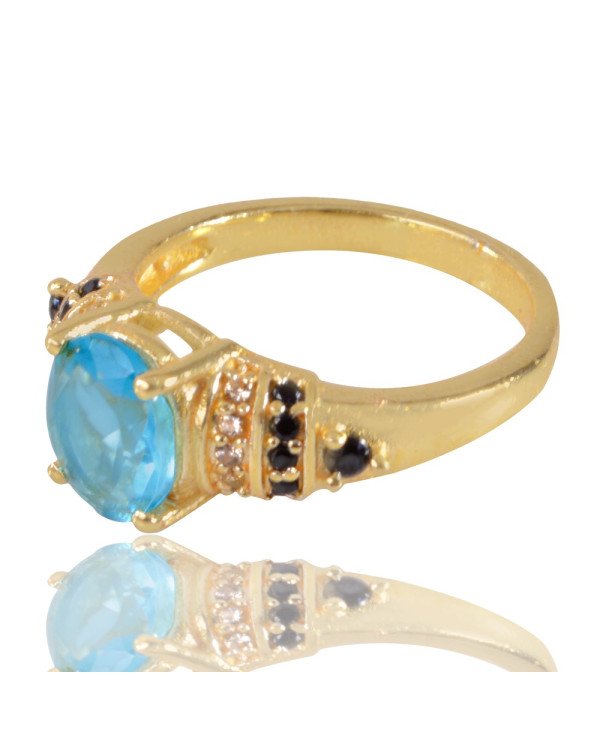 Sky Blue Gemstone Black Spinal Stone and White Cubic Zirconia Ring