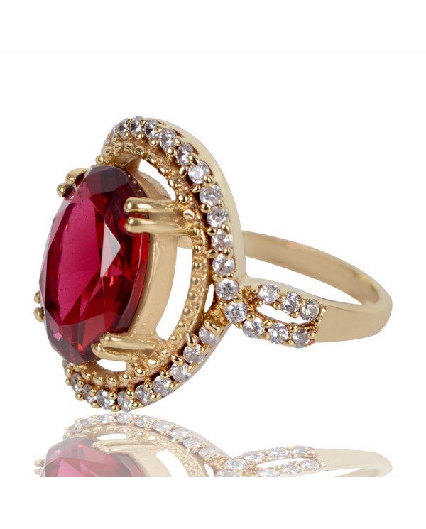 Red Gemstone and White Cubic Zirconia Yellow Gold Plated Designer Ring| Jewels Artisan