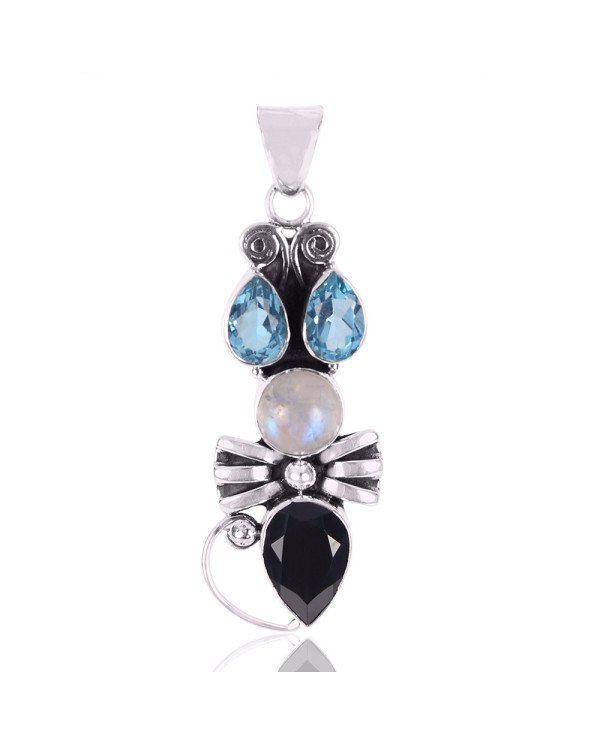 Natural Black Onyx Rainbow Moonstone And Swiss Blue Topaz Gemstone 925 Sterling Silver Cluster Pendant| Jewels Artisan