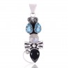 Natural Black Onyx Rainbow Moonstone And Swiss Blue Topaz Gemstone 925 Sterling Silver Cluster Pendant| Jewels Artisan