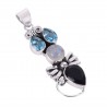 Natural Black Onyx Rainbow Moonstone And Swiss Blue Topaz Gemstone 925 Sterling Silver Cluster Pendant| Jewels Artisan