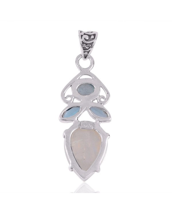 Natural Rainbow Moonstone Aquamarine And Swiss Blue Topaz Gemstone 925 Sterling Silver Pendant| Jewels Artisan