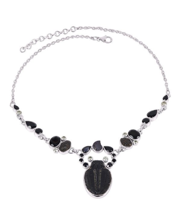 Natural Black Onyx And Multigemstone 925 Sterling Silver Cluster Necklace| Jewels Artisan