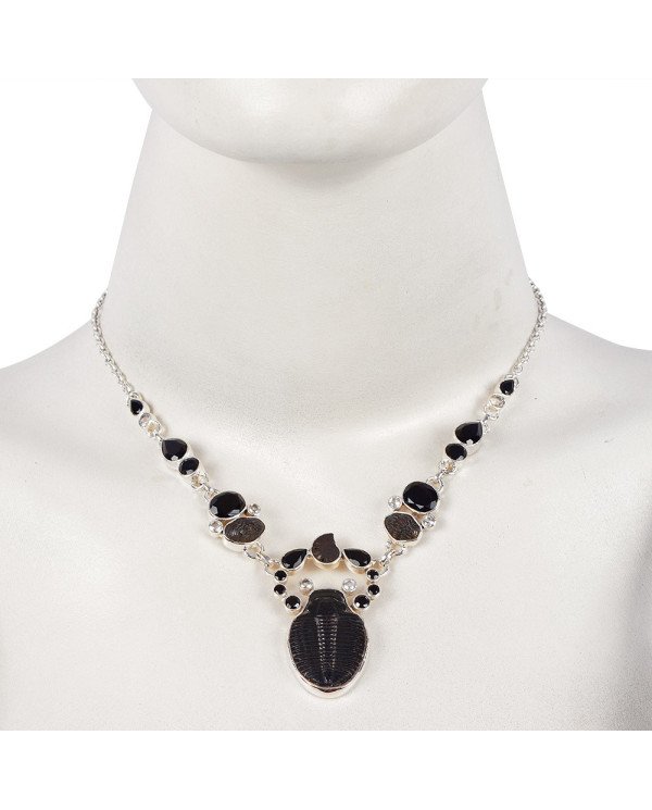 Natural Black Onyx And Multigemstone 925 Sterling Silver Cluster Necklace| Jewels Artisan