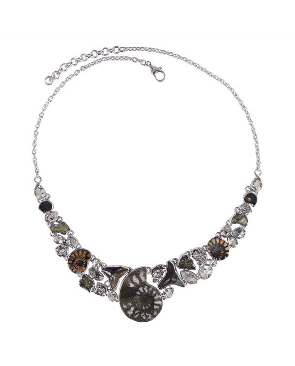 Natural Crystal Moldavite And Multigemstone 925 Sterling Silver Necklace| Jewels Artisan