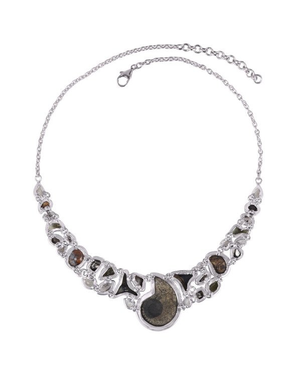 Natural Crystal Moldavite And Multigemstone 925 Sterling Silver Necklace| Jewels Artisan