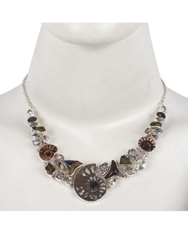 Natural Crystal Moldavite And Multigemstone 925 Sterling Silver Necklace| Jewels Artisan